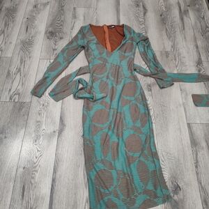 Fashion Nova Teal and Brown Long Sleeve Dress